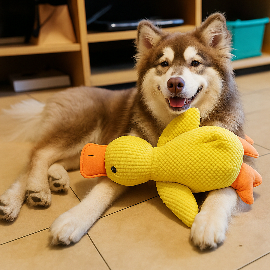 Dog playing with DuckBuddy